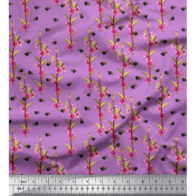 Soimoi Rayon Fabric Leaves,Floral & Honey Bee Insects Fabric Prints by Yard 56 Inch Wide