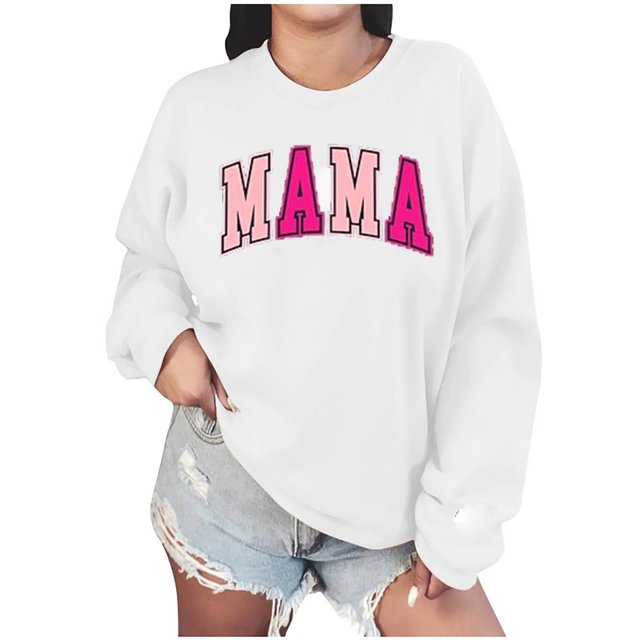 Culottes pour Femmes Chandail Maman Femmes Surdimensionné Paillettes Patch Maman Chandails à Col Rond Maman Imprimé Manches Longues Ample Mode Chandail S Blanc