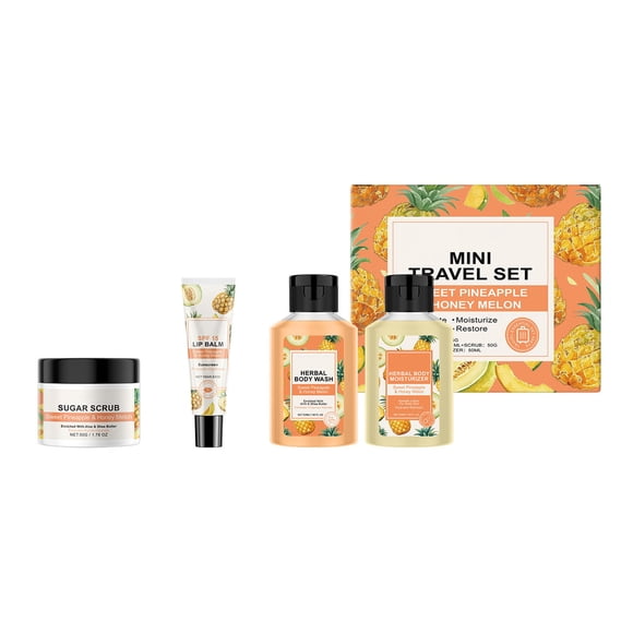 WIFKLSIIPG Mini Sweet Travel Kit Mini Body Wash Body Lotion Body Scrub and Lip Sweet Pineapple Honeymelon Scent 4 Piece Set 50ml