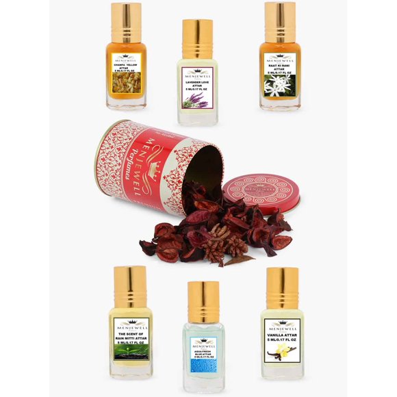 Attar Combo For Men & Women Pack Of 6X 5ml - 0.17 Fl.oz. Each | Champa Yellow+ Lavender Love+ Raat Ki Rani+ Rain Mitti+ Aqua Fresh Blue+ Vanilla Attar Set | Unisex Gift Combo - Long Lasting