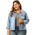 thumbnail image 1 of GRACE & GRANDEUR Women's Plus Size Washed Button Front Frayed Denim Jacket Light Blue 4X, 1 of 6