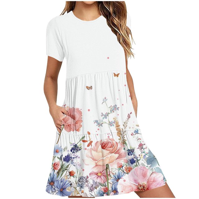 Weiqiqre Robes pour Femmes Été Décontractées à Manches Courtes Col Ras du Cou Robes T-Shirt Amples Évasées Mini avec Poches