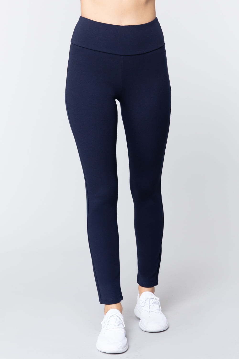 Saronite Basics High Waisted Full Length Ponte Pants, Navy (Women's)