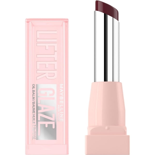 Maybelline New York Lifter Glaze Oil Balm in a light pink tube with a transparent cap embossed with 'LIFTER GLAZE'. The balm is a deep berry shade with a smooth angled tip, designed to hydrate lips up to 24 hours and add a glossy, tinted finish.