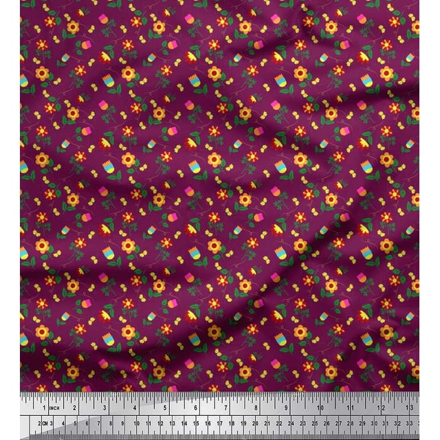 Soimoi Pink Cotton Voile Fabric Leaves,Insect & Floral Artistic Print Sewing Fabric BTY 56 Inch Wide