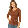 thumbnail image 1 of INSPIRE CHIC Women's Button Decor V Neck 3/4 Sleeve Solid Blouse Knitted Ruched Top, 1 of 6