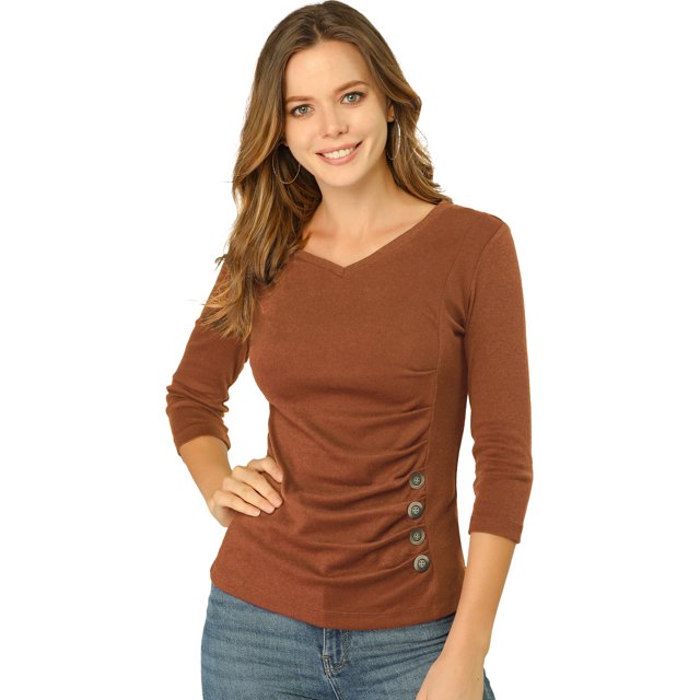 INSPIRE CHIC Women's Button Decor V Neck 3/4 Sleeve Solid Blouse Knitted Ruched Top