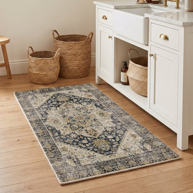 Exenoray Washable Bohemian Rug, Non-Slip Low Pile Printed Carpet, Faux Cashmere Surface, Vintage Blue 3*5