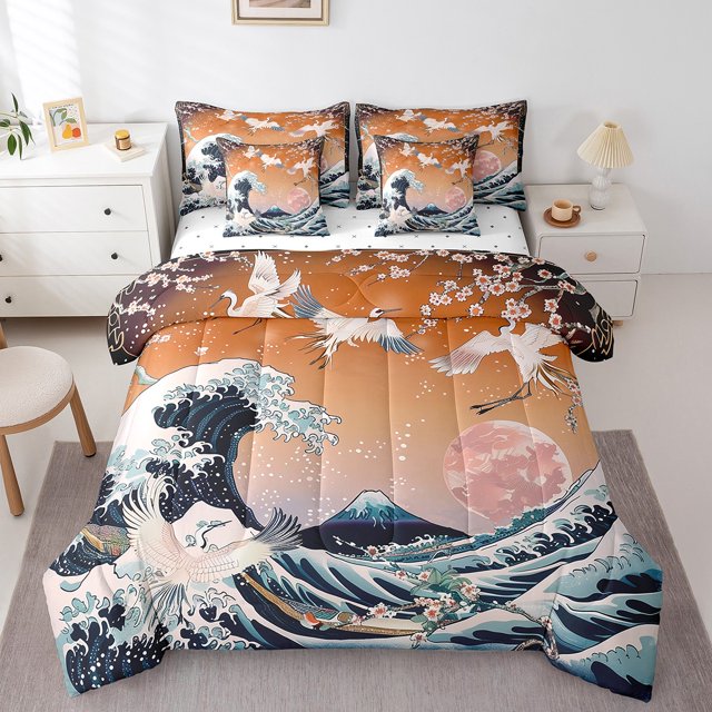 YST Japanese Style 7-Piece Comforter Set, Vintage Ukiyoe, Asian, King