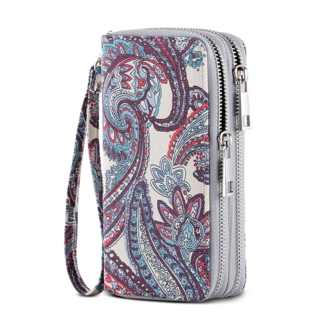 Womens Double Zipper Wallet Clutch Purse Cellphone Long Wallet with Removable Wristlet