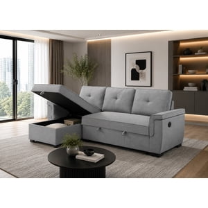 K-Living Apollo Modern Sofa Bed for Living Room, Grey Fabric Upholstered with Storage