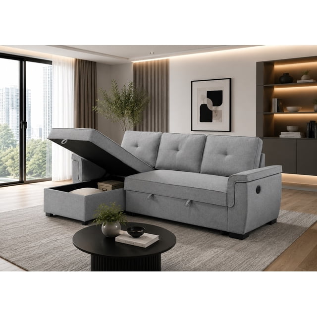 Canapé-lit moderne Apollo de K-Living pour salon, revêtement en tissu gris avec rangement