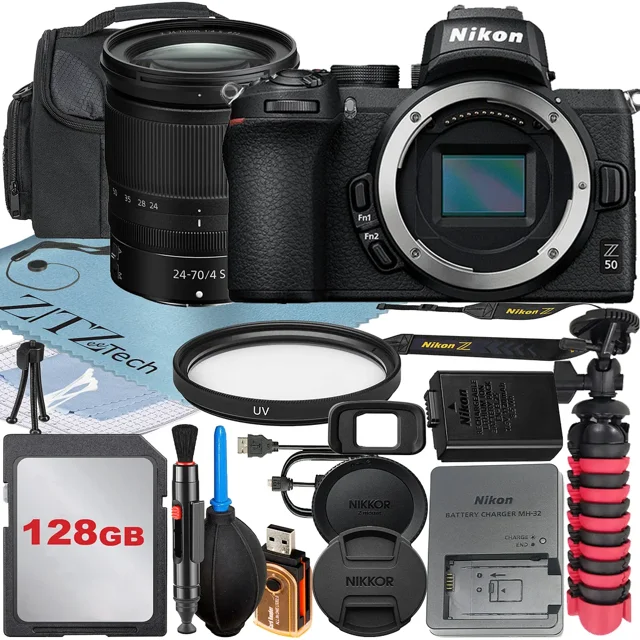 Nikon Z50 Mirrorless Camera with NIKKOR Z 24-70mm f/4 S Lens + 128GB Memory Card + Case + UV Filter + ZeeTech Accessory Bundle
