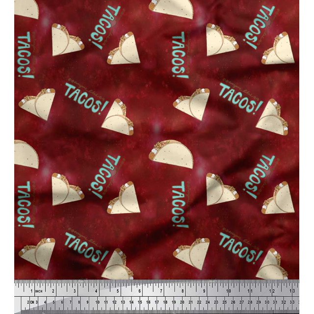 Soimoi Red Poly Georgette Fabric Text & Tacos Food Fabric Prints By Yard 42 Inch Wide