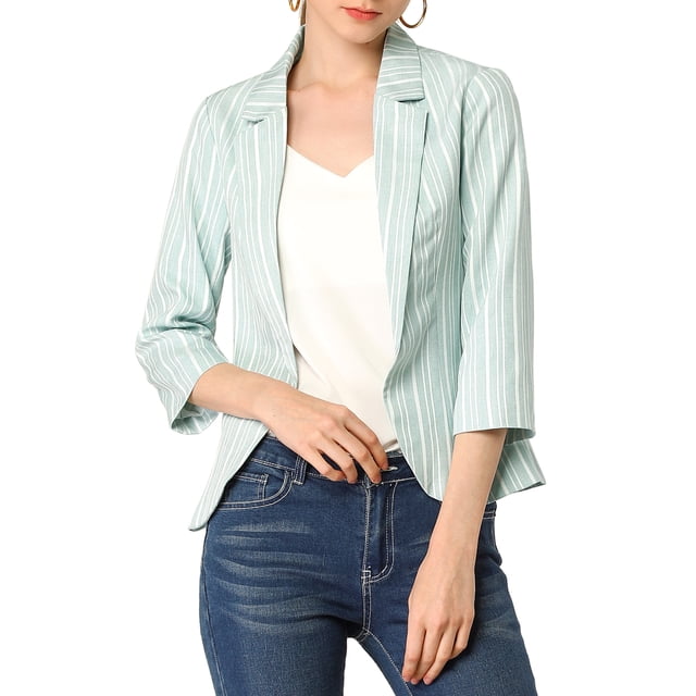 Unique Bargains Blazer Ouvert à Rayures pour Femme à Manches 3/4