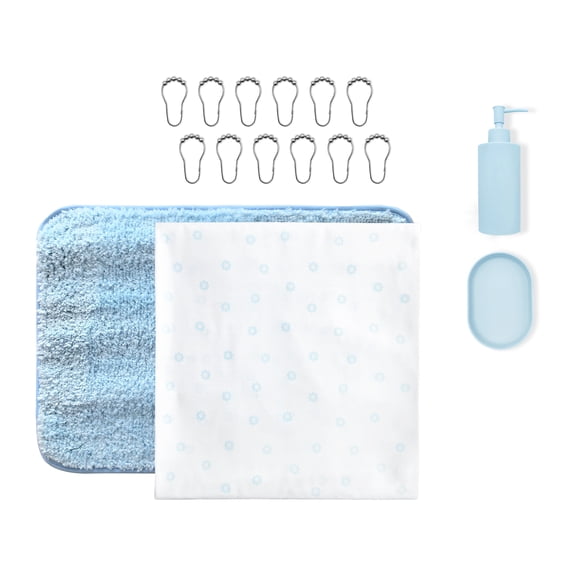 Mainstays 16-Piece Blue Shower Curtain Bathroom Set – Fabric Curtain with Rug, Hooks, Soap Dispenser & Tray