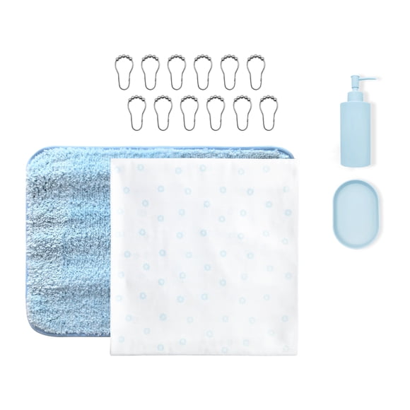 Mainstays 16-Piece Blue Shower Curtain Bathroom Set – Fabric Curtain with Rug, Hooks, Soap Dispenser & Tray