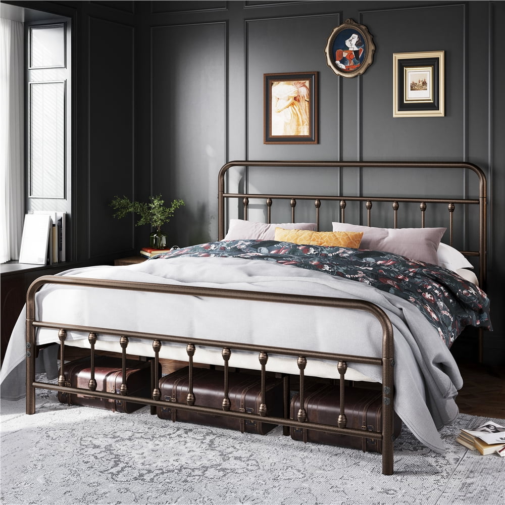 FullFurnique Cadre de Lit Métallique Classique avec Tête et Pied de Lit Hauts, King, Bronze