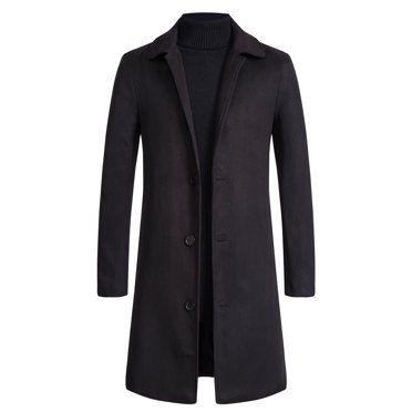 QHFBli Mens Trench Coat Men's Casual Long Overcoat Solid Button Wool Blend Turn-Down Collar Jacket with Pockets for