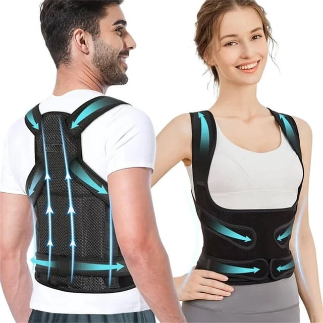 DYD Back Brace for Women and Men designed for posture correction, scoliosis, and hunchback support. The image shows a man and a woman wearing the adjustable back brace made of breathable mesh material. The brace features flexible ABS support bars and fiber rod support rods for lumbar and spine alignment. Blue arrows illustrate the posture improvement and support areas.