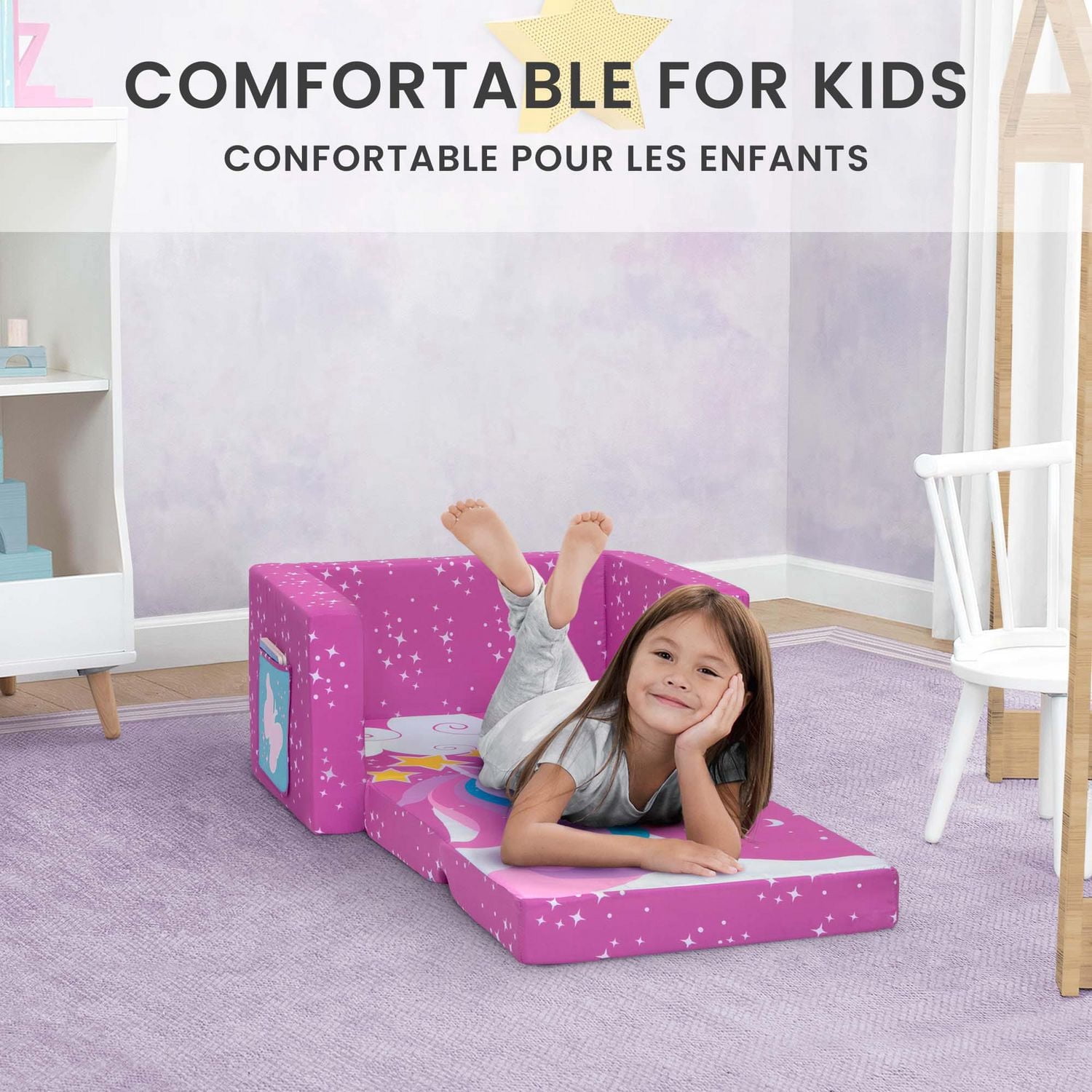 Delta Children Cozee Chaise rabattable - Chaise convertible 2 en 1 en chaise longue pour tout-petits et enfants