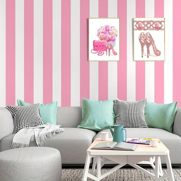 1 Roll Self-Adhesive Wallpaper, Vinyl Pink And White Stripes Self-Adhesive Contact Paper, Peel And Stick, Waterproof Removable Living Room Kitchen Bedroom Dormitory Wallpaper, Furniture Refurbishment