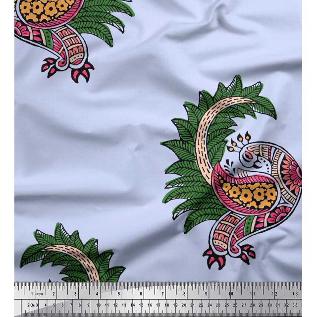 Soimoi Silk Fabric Peacock Block Print Fabric by The Yard 42 Inch Wide