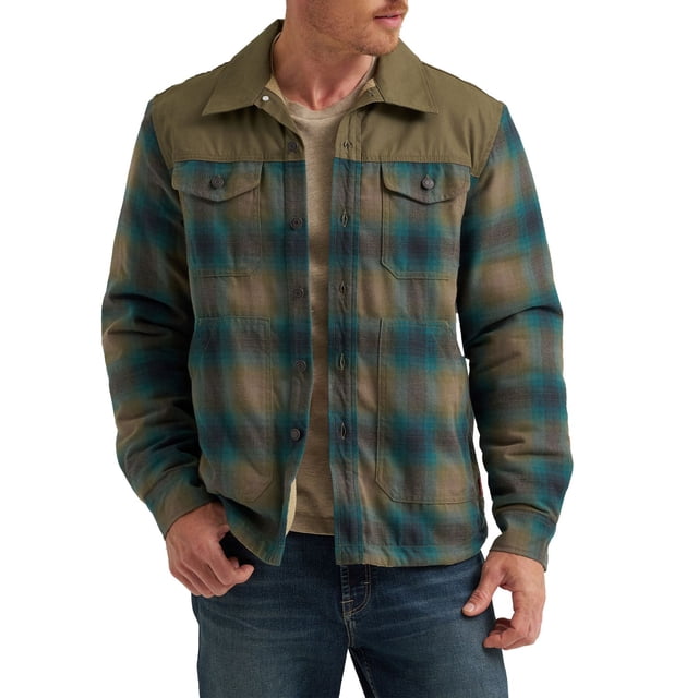 Wrangler® Men's Heavyweight Sherpa Lined Regular Fit Shirt Jacket centered front view of a plaid cotton-blend shacket with cream sherpa showing at the collar; contrast front yoke, shank buttons, two chest flap pockets and two lower patch pockets, long sleeves and straight hem on a neutral studio background, suitable for cooler weather and often used as a layering jacket.