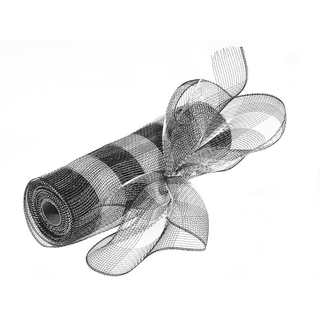 Mesh Ribbon (White Buffalo) (10"X5Y) - Set of 4 showing a rolled black and white mesh ribbon with a white buffalo pattern, made of lightweight plastic, partially unrolled with a decorative bow, suitable for craft supplies and gift wrapping.