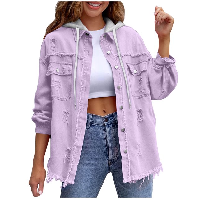 RXMEKW Womens Shirts Casual, Solid Color Denim Jacket with Detachable Hood
