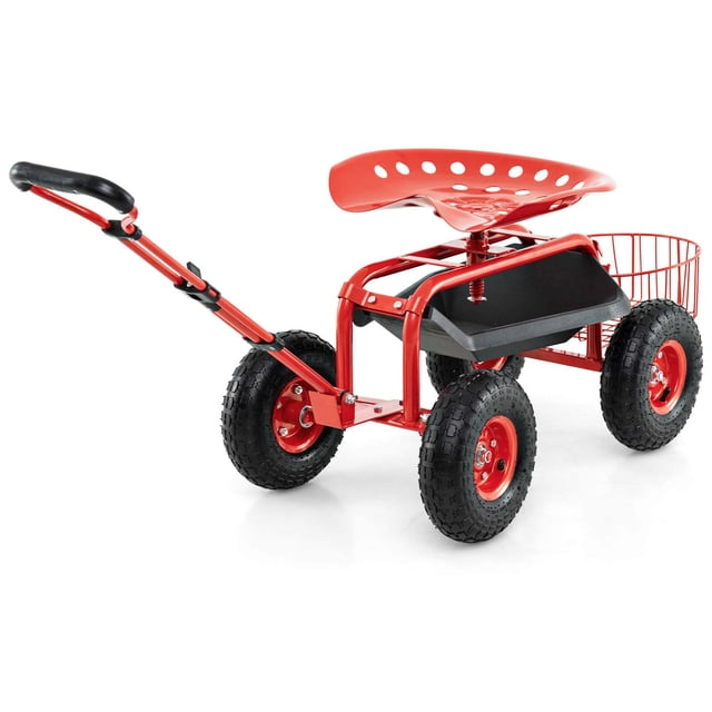 Costway Chariot de Jardin Chariot de Patio Siège de Travail à Roulettes avec Plateau Panier Poignée Extensible Rouge