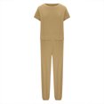 thumbnail image 4 of Penkiiy Ensemble 2 Pcs d'Été pour Femme en Coton et Lin, Col Ras du Cou, Manches Mi-Longues, Pantalon Long, Combinaison, Se TG Kaki, 4 of 6