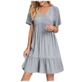 thumbnail image 1 of fatyb Robes Mini à Col en V pour Femmes Manches Courtes à Étages Robes Trapèze Fluides d'Été Plissées Décontractées, 1 of 7