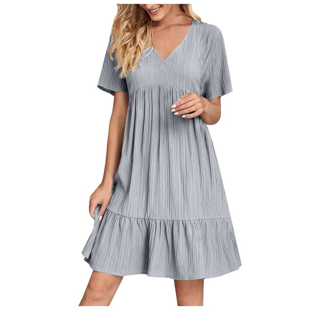 fatyb Robes Mini à Col en V pour Femmes Manches Courtes à Étages Robes Trapèze Fluides d'Été Plissées Décontractées