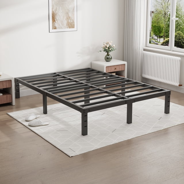 Twin Bed Frame, GELBIY Twin Size Metal Platform Bed Frame with 14-inch under bed storage space in black. The frame features a sturdy metal construction with reinforced slats for strong load-bearing capacity up to 700 lbs. It includes anti-slip pads to reduce noise and prevent floor scratches. The bed frame is shown in a modern bedroom setting with a light-coloured rug, wooden flooring, and natural light from a window.