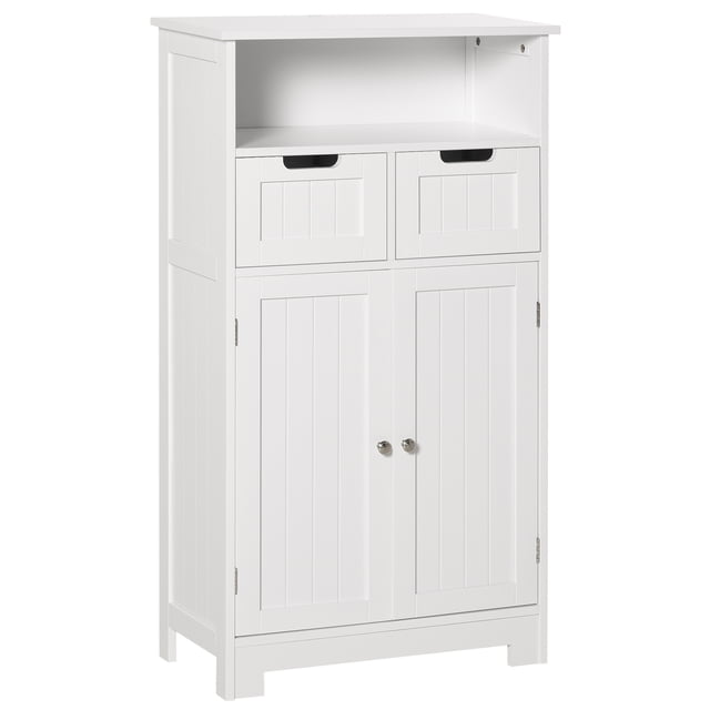 kleankin Armoire de Rangement, Armoire de Salle de Bain avec Tablette Ajustable, Blanc. une Armoire Autoportante en MDF avec Fini Peinture Blanc Mesurant 23,6 Pouces de Large, 11,8 Pouces de Profondeur et 42,8 Pouces de Hauteur. Comprend une Tablette Ouverte, Deux Tiroirs et une Armoire Spacieuse avec Tablettes Ajustables pour Organiser les Essentiels de Salle de Bain comme les Serviettes et les Articles de Toilette. Comprend des Poignées et des Charnières en Métal pour un Fonctionnement Fluide. Convient à une Utilisation Polyvalente dans les Entrées, les Cuisines Ou les Salons.