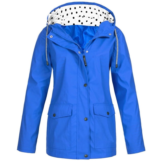 LSLJS Women Solid Rain Jacket Outdoor Plus Size Hooded Raincoat Windproof( Blue, M)