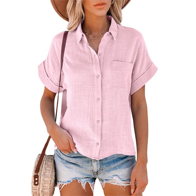 MAWCLOS Chemises pour Femmes Blouse à Col à Revers Manches Courtes Hauts Amples Plage Tunique Boutonnée Chemise Rose TG