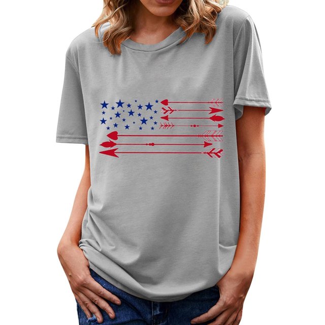 Hauts d'Été Grande Taille pour Femmes Hauts d'Été Tendance pour Femmes Imprimé de la Fête de l'Indépendance Vacances Manches Courtes Col Rond Décontracté Coupe Ample T-Shirts Graphiques Col en V T-Shirt Femme en Liquidation