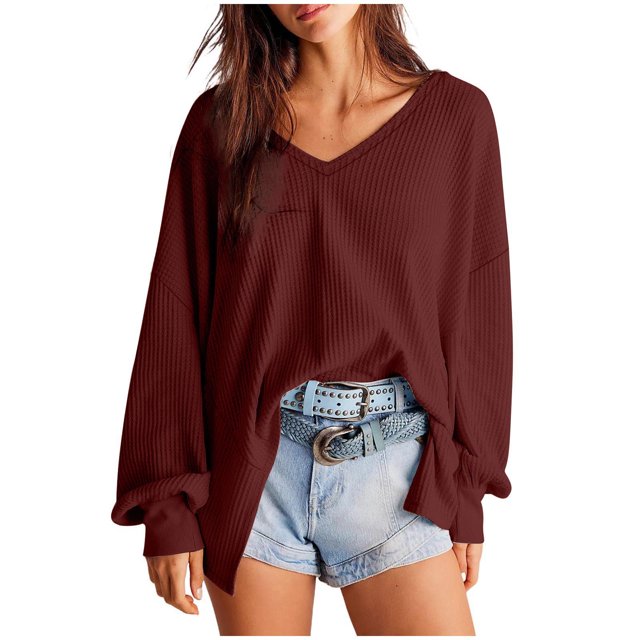 MeetoTime Women's Long Sleeve Tops Fall Casual Textured V-Neck Oversized Pullover Sweatshirt