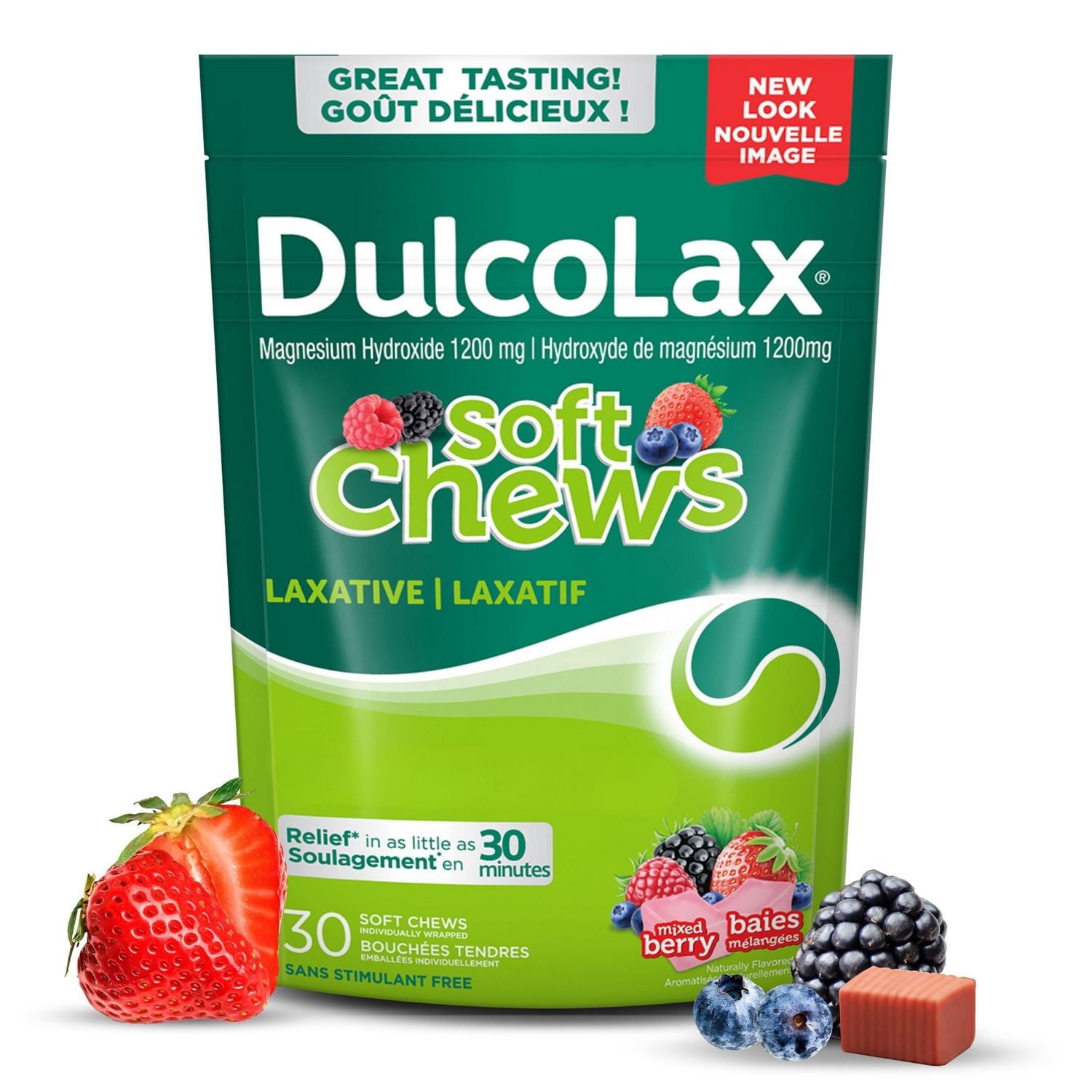 DulcoLax Soft Chews, laxatif pour un soulagement en douceur de la constipation occasionnelle, pour les adultes et enfants de 12 ans et plus, végétalien, sans stimulant, sans gluten, baies mélangées, 3