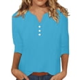 thumbnail image 1 of Plebaso Cotton Linen Tops for Women 3/4 Sleeve Button V Neck Casual Blouses Solid Color Loose Womens Shirts, 1 of 7