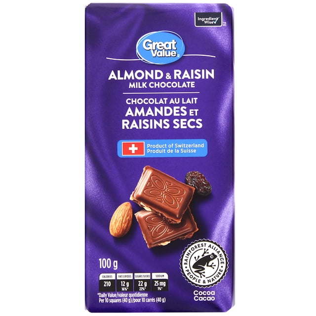 Great Value Almond & Raisin Milk Chocolate bar in purple packaging with bilingual text, Swiss product label, two milk chocolate squares embossed with a floral design, an almond and a raisin, nutritional information, and Rainforest Alliance certification, ideal for shelf storage and snacking.