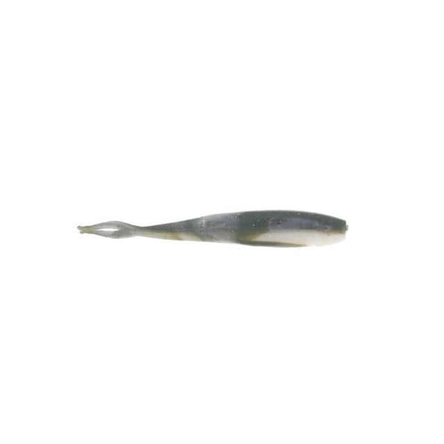 Berkley GMI2-ES Gulp! Minnow, 2 1/2", 18Pk, Emerald Shiner soft bait lure shown in side profile with a slim, tapered multicolour body in dark green and white, made of biodegradable natural ingredients with 400 times more scent dispersion to expand the strike zone for fishing.