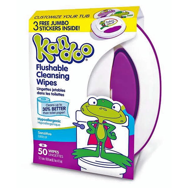 Toddler Cleansing Wipes by Kandoo in a white and purple tub with a cartoon green frog wearing a red cape, flushable and hypoallergenic wipes for sensitive skin, containing 50 wipes sized for little hands, ideal for baby diapering and toilet training with cleaning power 30% better than toilet paper.