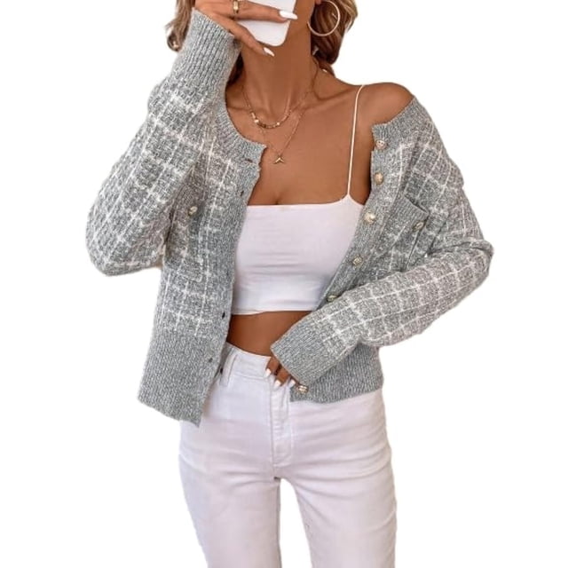 Femmes - Blazer à Carreaux Chic Décontracté Cardigan à Boutons devant Col Ras du Cou Manches Longues Vestes en Tricot Texturé Gris P