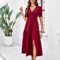 thumbnail image 4 of Pisexur Robe à Manches Courtes à Col en V Longueur Cheville Mode pour Femmes Automne Col en V Manches Courtes Couleur Unie Fente Robes Femmes Robes, 4 of 5