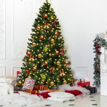 Gymax 7.5FT Pre-Lit Christmas Tree Hinged Artificial Tree w/ Metal Stand LED Lights