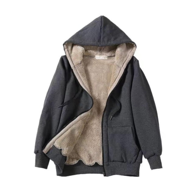 MAWCLOS Women Fluffy Fuzzy Fleece Coat Winter Warm Drawstring Hoodies Dark Gray XL