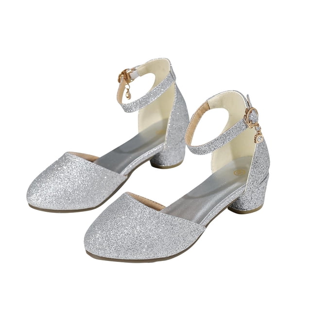 New Kids Girls Dress Shoes Chunky Low Heels Sequins Ankle Strap Adjustable Buckle Rhinestone Pendant Glitter Sparkling Ballet Performance Wedding Party Mary Jane Princess Shoes Silver